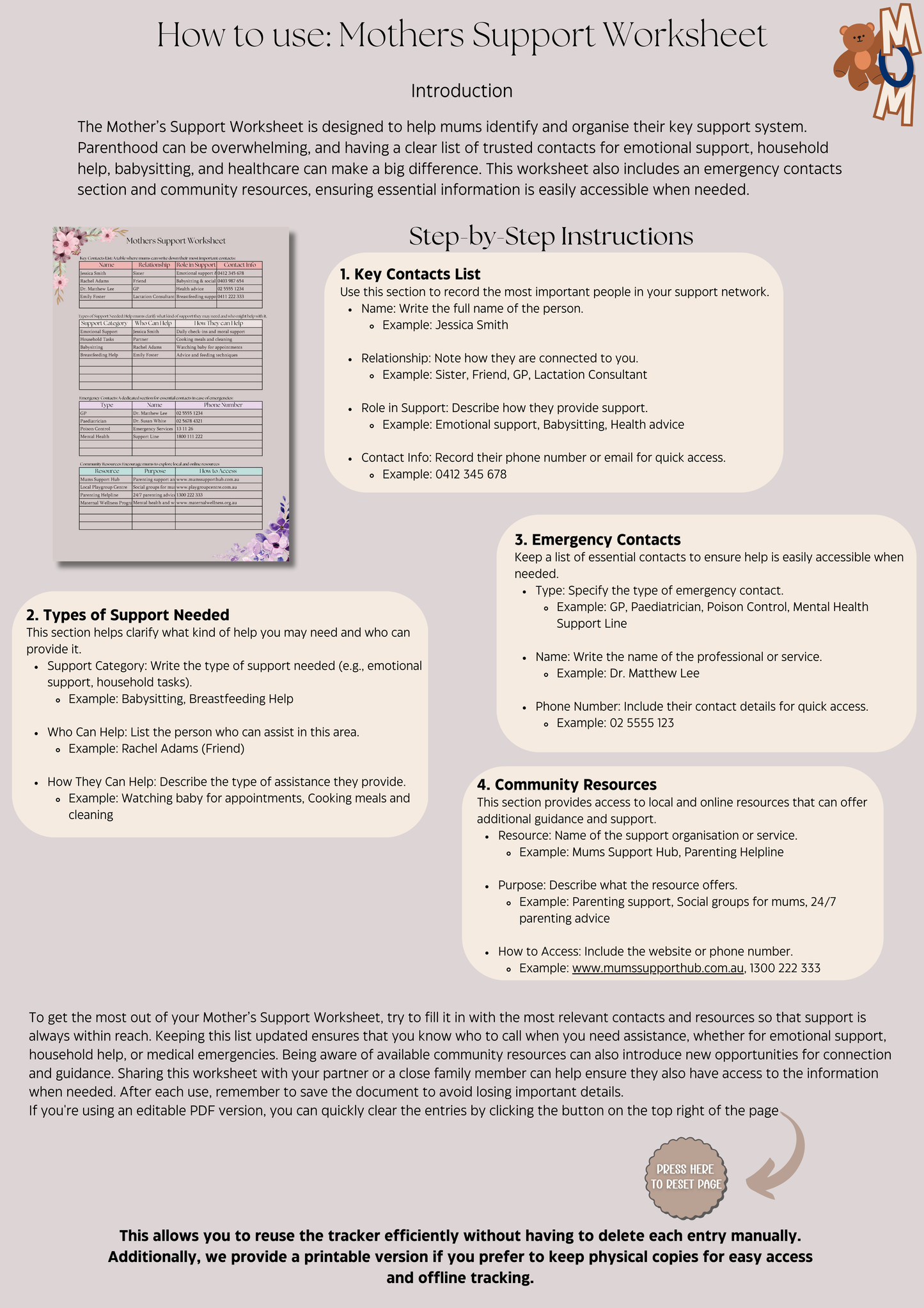 Mother’s Support Worksheet