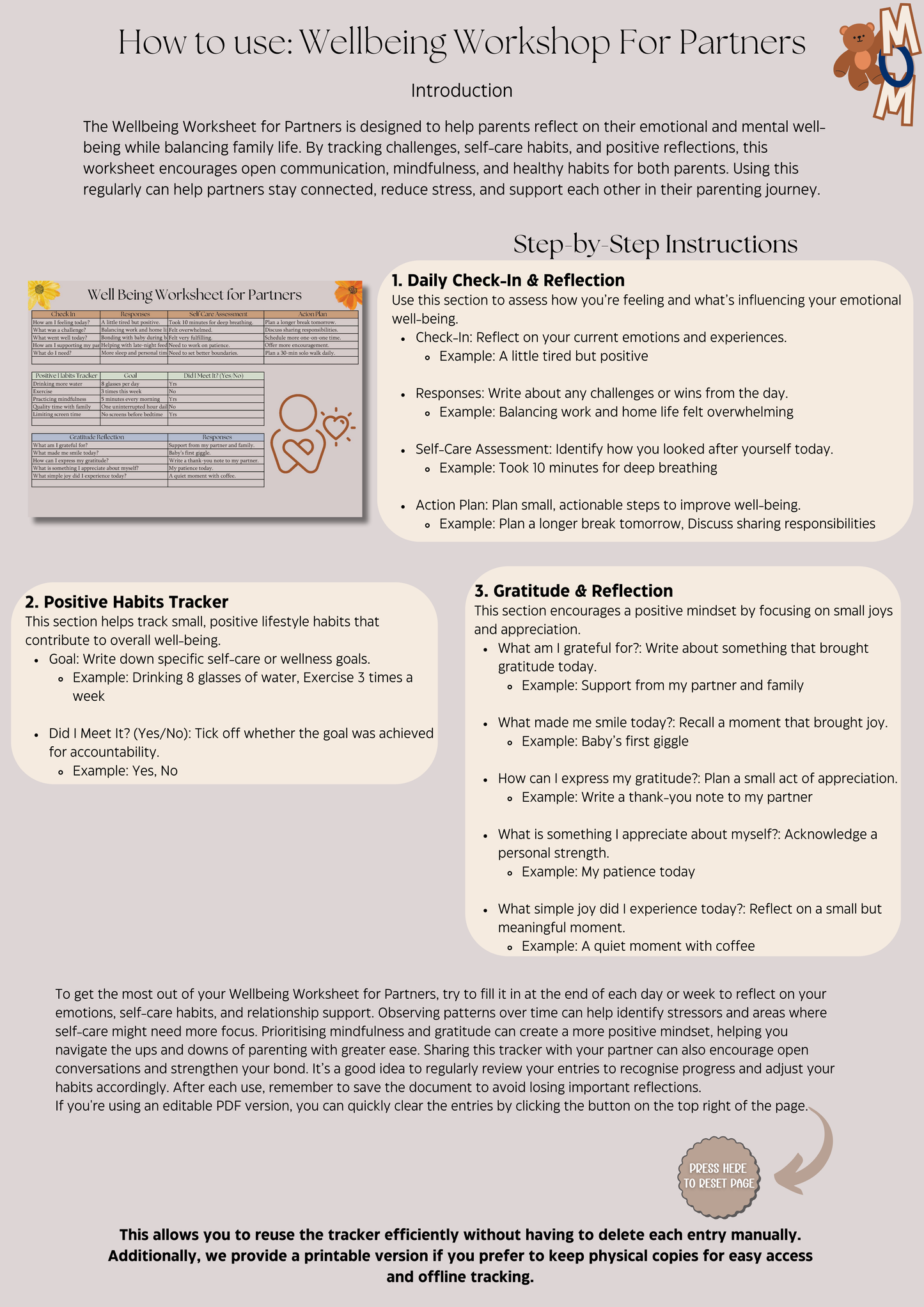 Wellbeing Worksheet For Partners